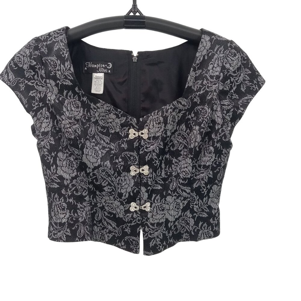 Vintage 90s Hampton Nites Black Silver Brocade Corset Top Size M Rhinestone Glam